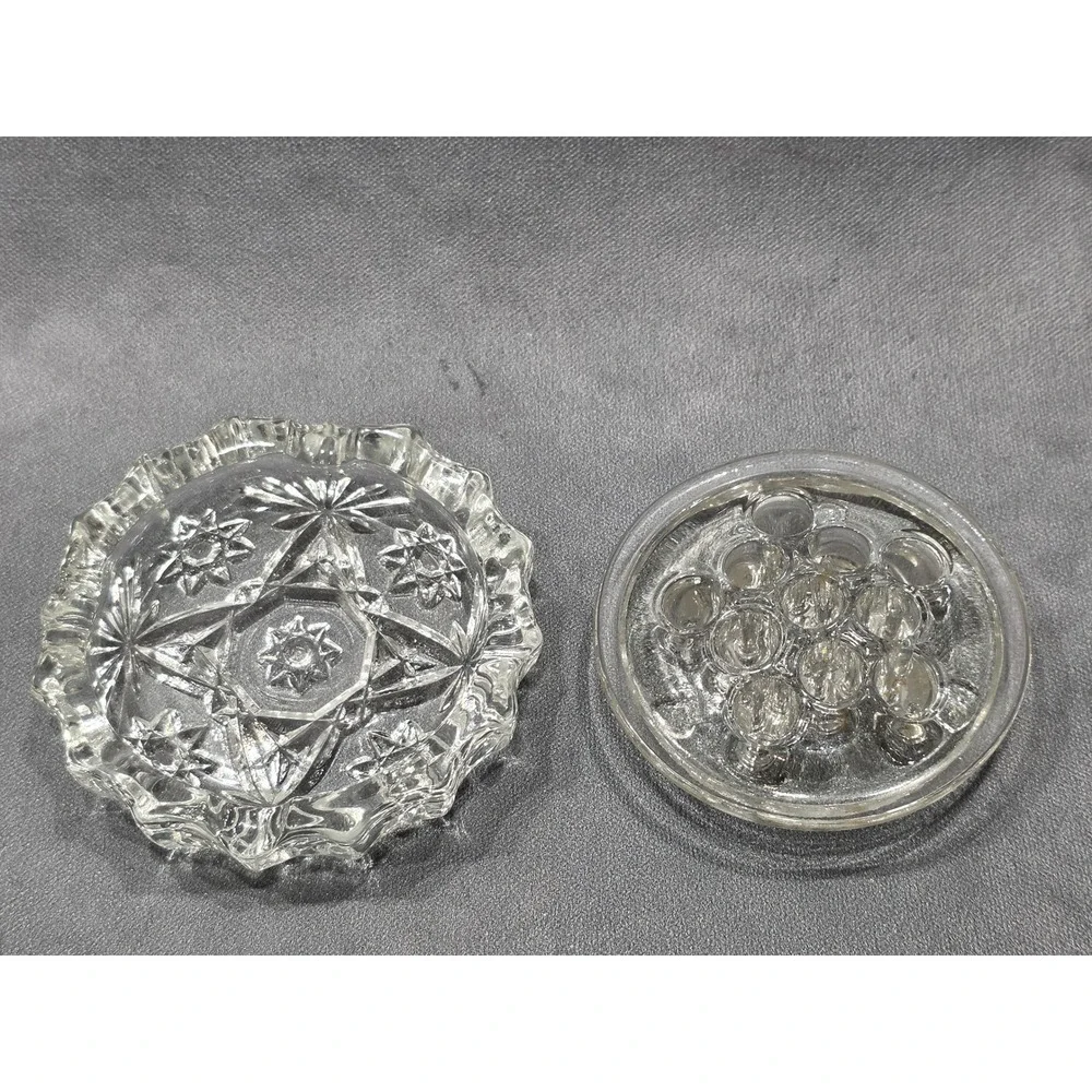 Vintage Clear Pressed Glass Flower Frog and Bowl Set Starburst Pattern 2 Piece
